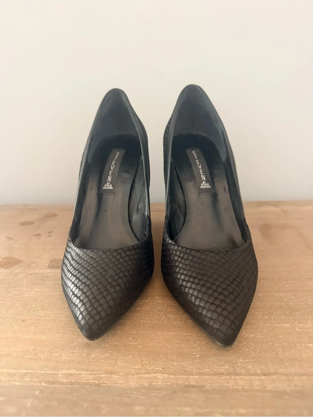 Steven by Steve Madden Black Snakeskin Pointed-Toe Pumps